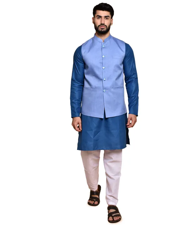 Men's_Blue_Cotton_Blend_Nehru_Jacket_With_Kurta_Set