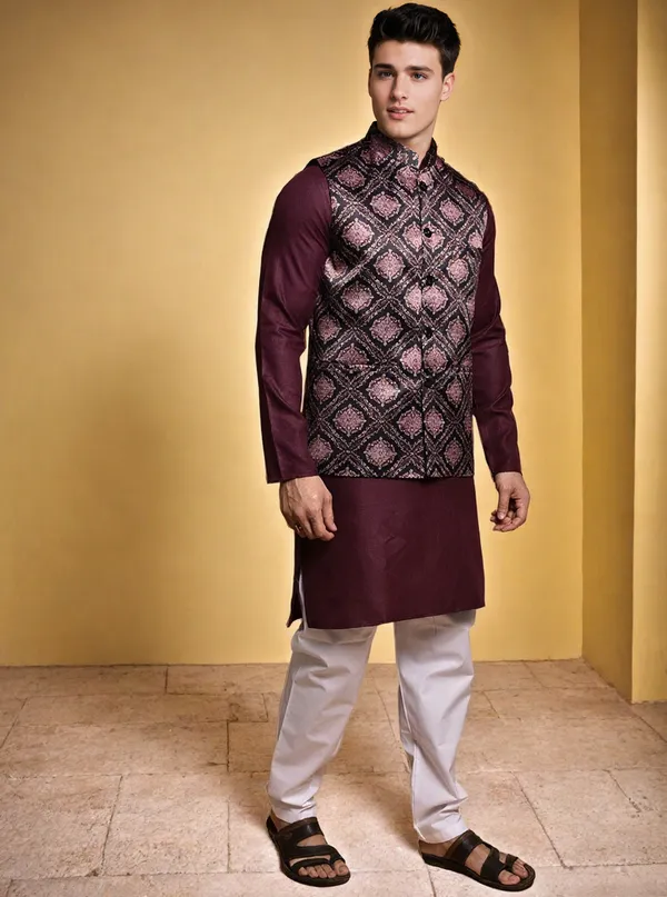 Men's_Maroon_Kurta_With_Printed_Nehru_Jacket_And_White_Pajama_Set