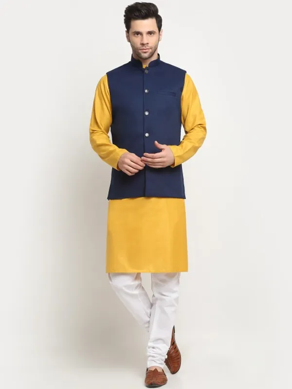 Men's_Yellow_Kurta_With_Navy_Blue_Nehru_Jacket_And_White_Churidar_Set