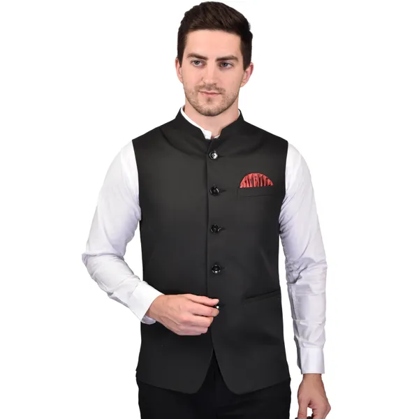 Men's_Black_Nehru_Jacket_With_Red_Pocket_Square
