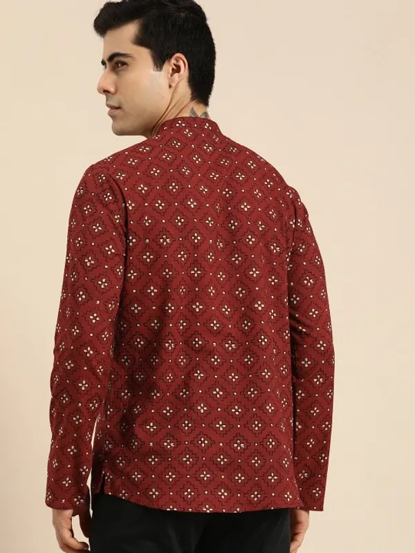 Men's_Maroon_Printed_Cotton_Short_Kurta