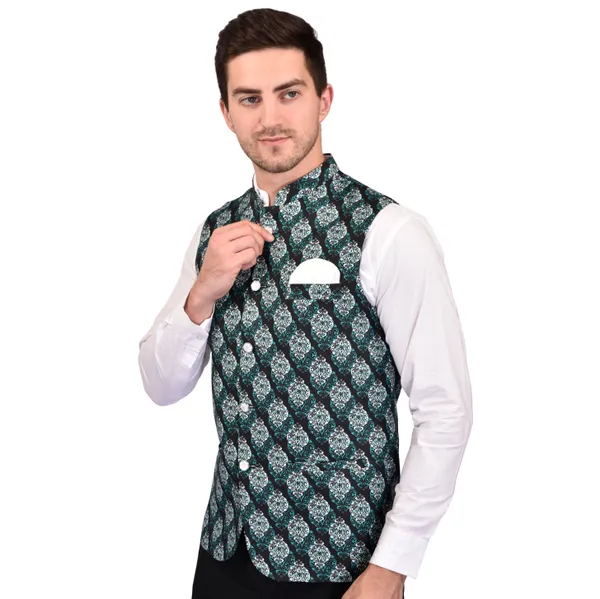Men's_Green_Printed_Nehru_Jacket_With_White_Pocket_Square