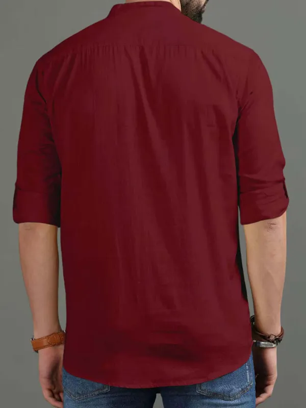 Men's_Maroon_Short_Kurta_With_Band_Collar_And_Roll-Up_Sleeves