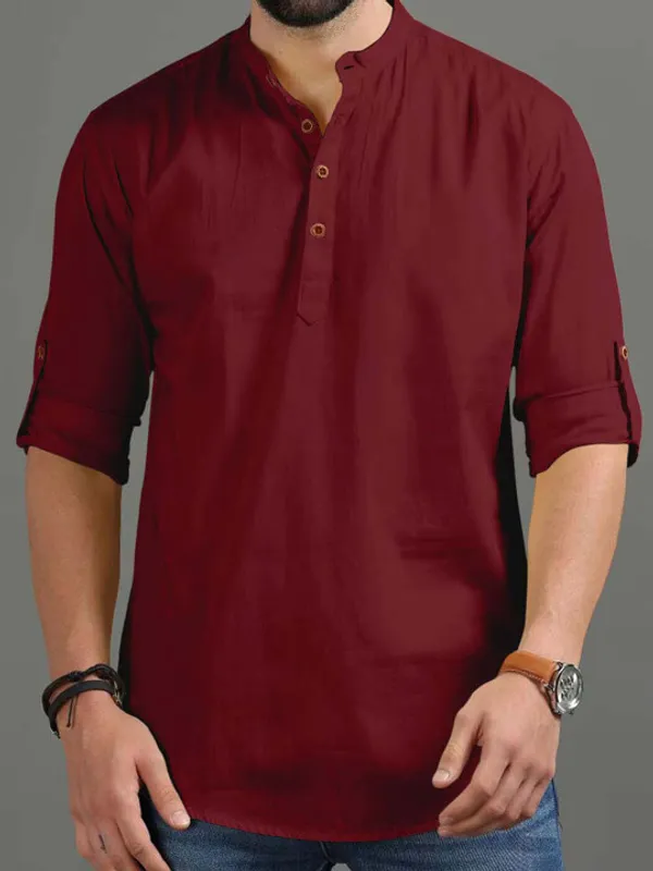 Men's_Maroon_Short_Kurta_With_Band_Collar_And_Roll-Up_Sleeves