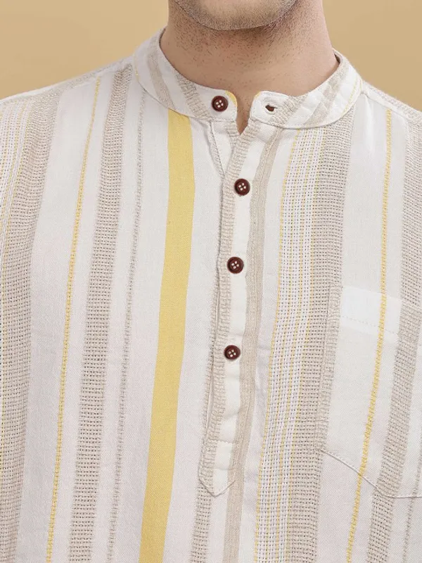 Men's_White_And_Yellow_Striped_Mandarin_Collar_Shirt_With_Button_Placket
