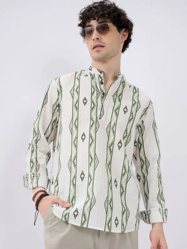 Men's_White_And_Green_Vertical_Striped_Mandarin_Collar_Shirt