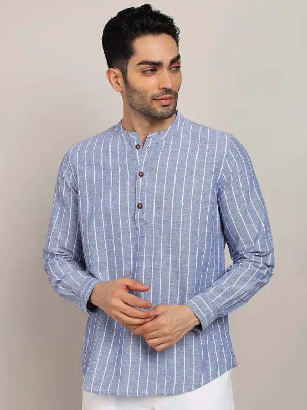 Men's_Blue_Striped_Long_Sleeve_Cotton_Kurta_With_Mandarin_Collar