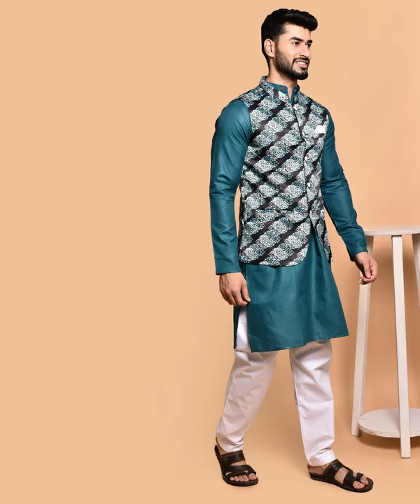 Men's_Teal_Silk_Kurta_With_Embroidered_Nehru_Jacket_Set