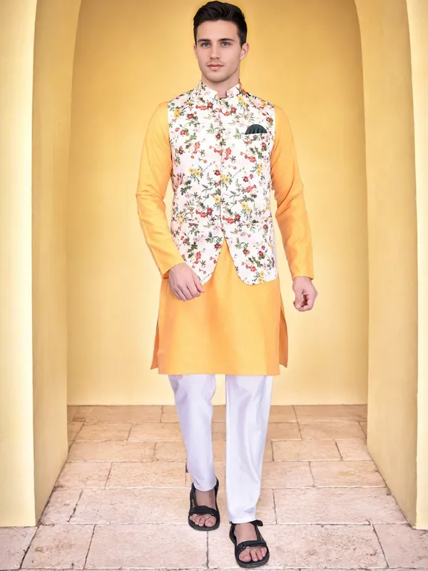 Men's_Floral_Print_Nehru_Jacket_With_Orange_Kurta_Set