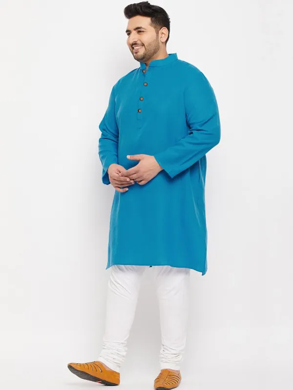 Men's_Turquoise_Blue_Cotton_Kurta_With_Mandarin_Collar_And_Wooden_Buttons