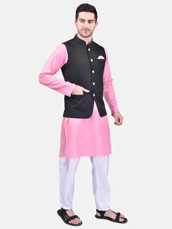 Pink_Kurta_With_Black_Nehru_Jacket_And_White_Churidar_Set_For_Men