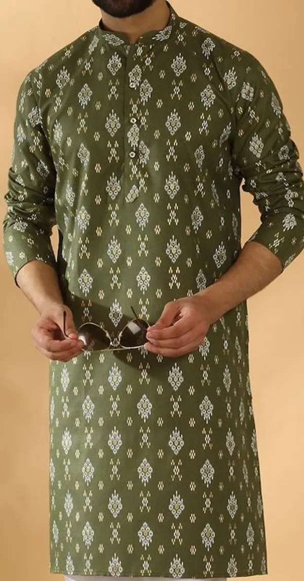 Men's_Olive_Green_Ethnic_Kurta_With_Geometric_Print