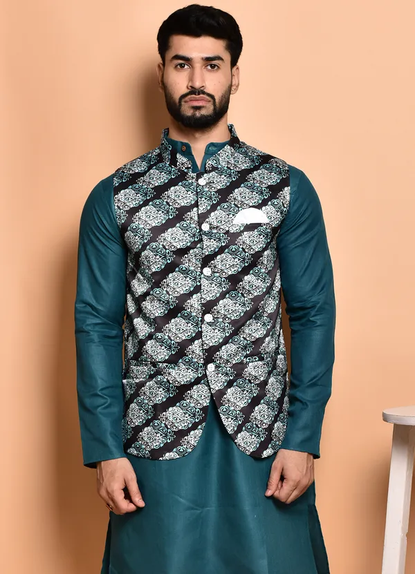 Teal_Blue_Kurta_Set_With_Printed_Nehru_Jacket