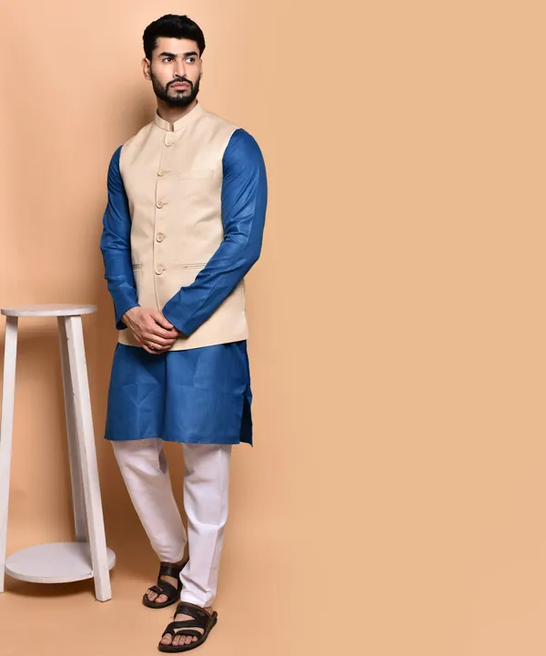 Men's_Blue_Kurta_Pajama_With_Beige_Nehru_Jacket_Set_-_Traditional_Indian_Ethnic_Wear