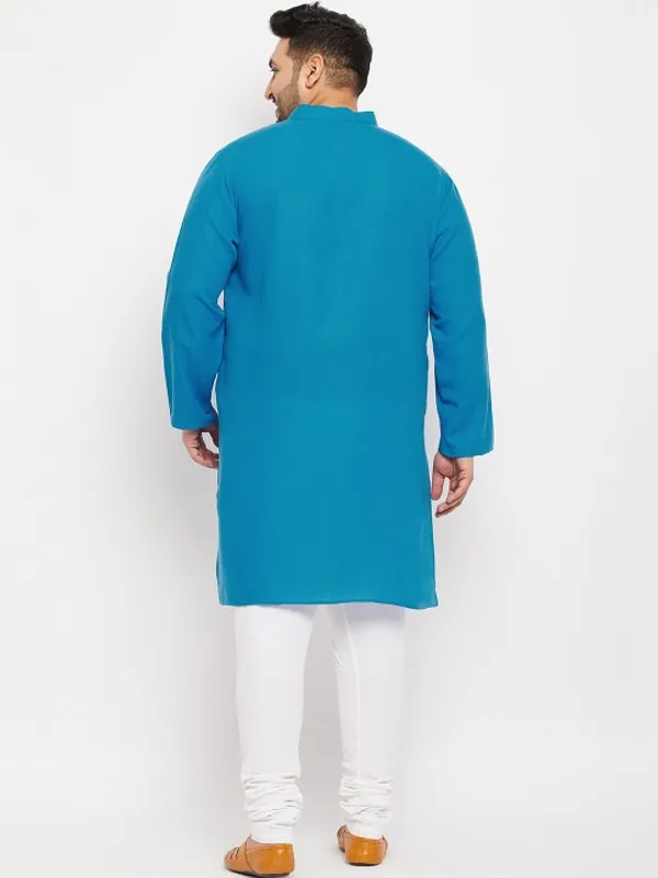 Men's_Turquoise_Blue_Cotton_Kurta_With_Mandarin_Collar_And_Wooden_Buttons
