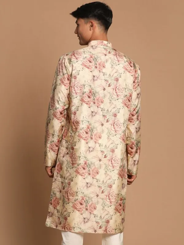 Floral_Print_Men's_Kurta_-_Cream_With_Pink_Rose_Pattern