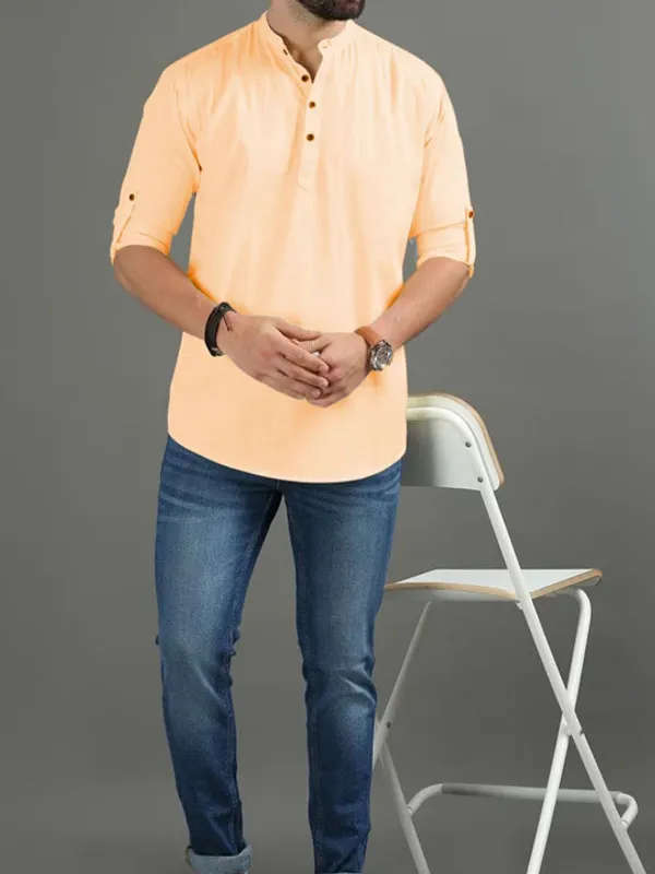 Men's_Peach_Cotton_Short_Kurta_With_Mandarin_Collar