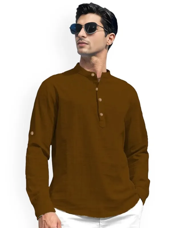 Men's_Mustard_Brown_Long_Sleeve_Henley_Shirt_-_Casual_Cotton_Shirt_With_Button_Placket