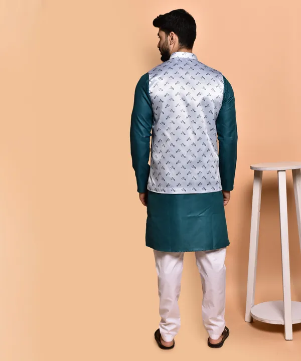 Men's_Ethnic_Nehru_Jacket_Set_-_Teal_Kurta_With_Grey_Printed_Waistcoat