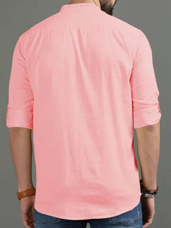 Men's_Pink_Band_Collar_Cotton_Shirt_With_Roll-Up_Sleeves