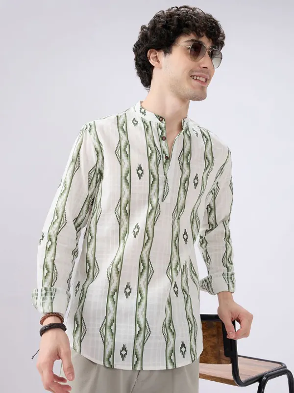 Men's_White_And_Green_Vertical_Striped_Mandarin_Collar_Shirt