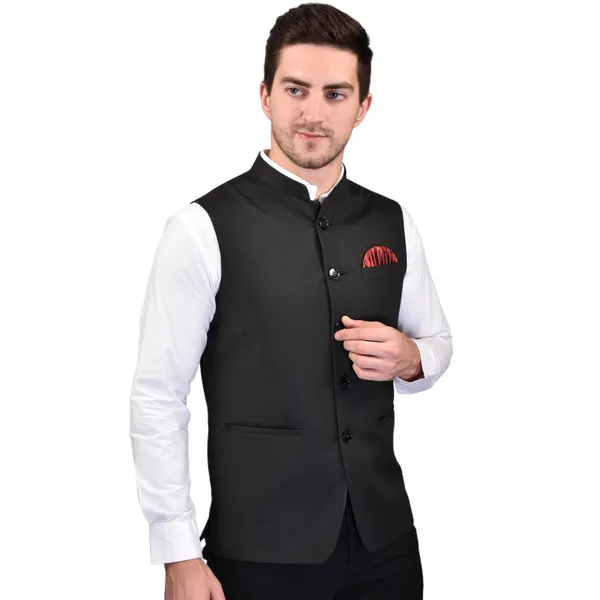 Men's_Black_Nehru_Jacket_With_Red_Pocket_Square