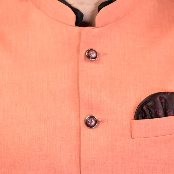 Peach_Nehru_Jacket_With_Black_Contrast_Collar_And_Pocket_Square