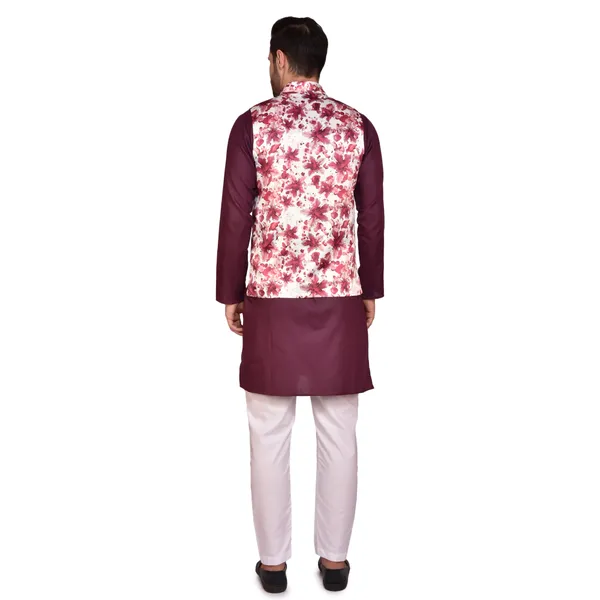 Men's_Maroon_Kurta_With_Floral_Printed_Nehru_Jacket_And_White_Churidar_Set