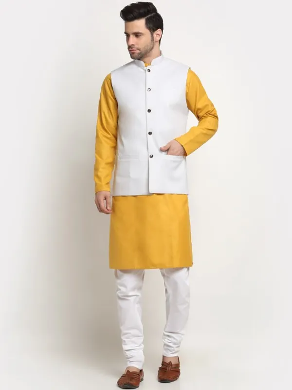 Men'S_Yellow_Kurta_With_White_Nehru_Jacket_Set_-_Ethnic_Wear_Combo