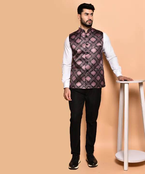 Men's_Ethnic_Nehru_Jacket_With_Printed_Geometric_Design_-_Pink_And_Black