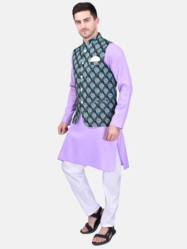 Men's_Purple_Kurta_With_Printed_Green_Nehru_Jacket_Set