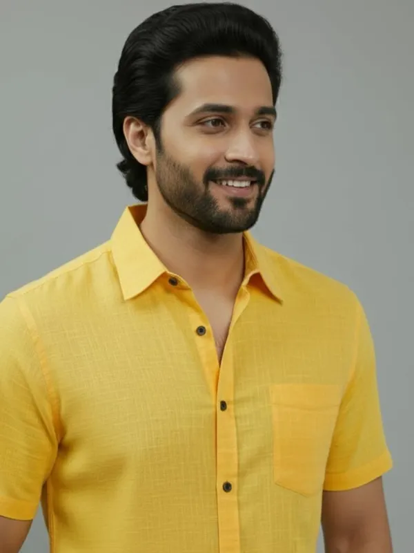 Men's_Yellow_Half_Sleeve_Casual_Shirt_With_Black_Buttons
