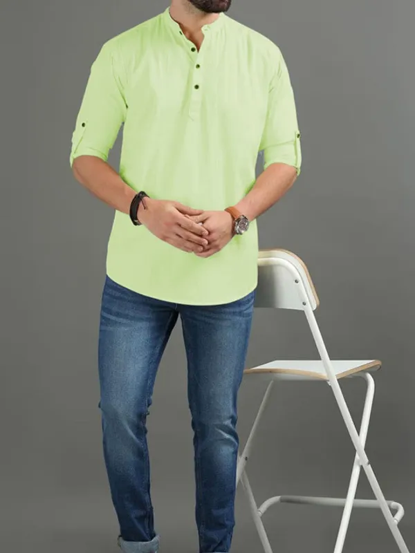 Men'S_Light_Green_Cotton_Short_Kurta_With_Mandarin_Collar