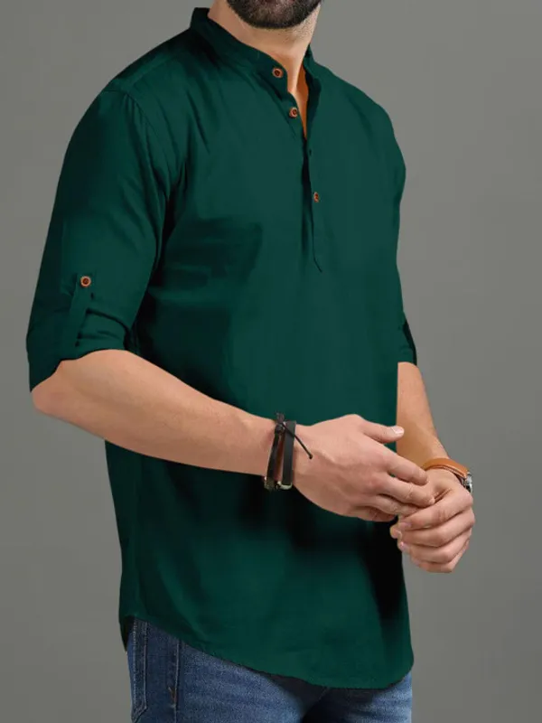 Men's_Bottle_Green_Short_Kurta_With_Mandarin_Collar