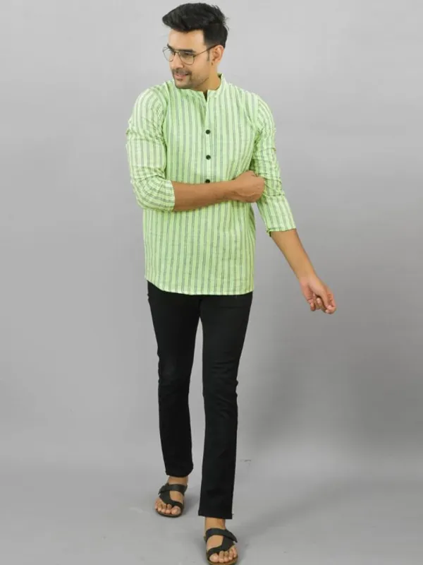Men's_Light_Green_Striped_Short_Kurta_With_Mandarin_Collar_And_Button_Detail