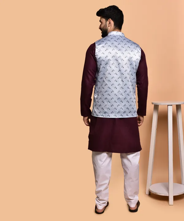 Men's_Ethnic_Kurta_Pajama_Set_With_Printed_Nehru_Jacket_-_Maroon_&_White