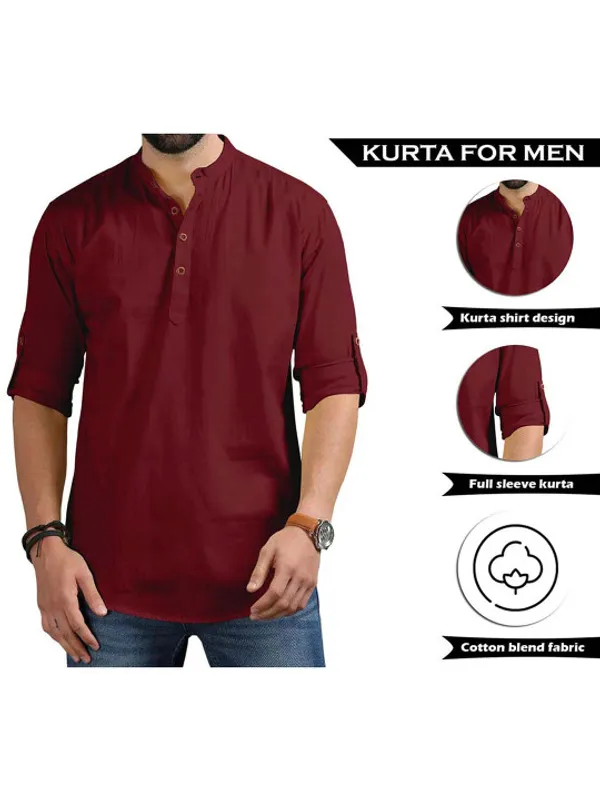 Men's_Maroon_Short_Kurta_With_Band_Collar_And_Roll-Up_Sleeves