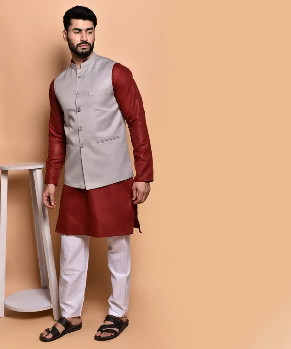 Men's_Ethnic_Nehru_Jacket_Set_-_Grey_&_Maroon_Kurta_With_White_Churidar