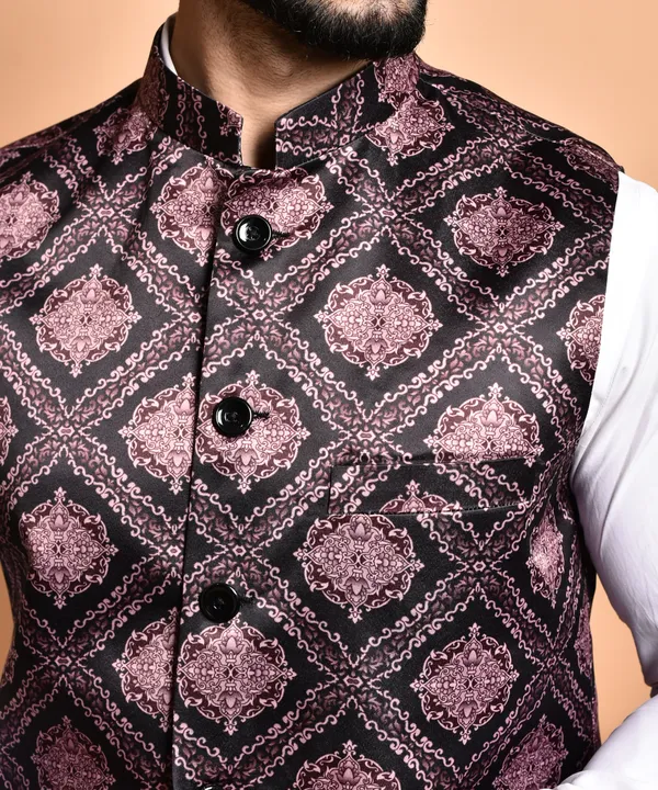 Men's_Ethnic_Nehru_Jacket_With_Printed_Geometric_Design_-_Pink_And_Black