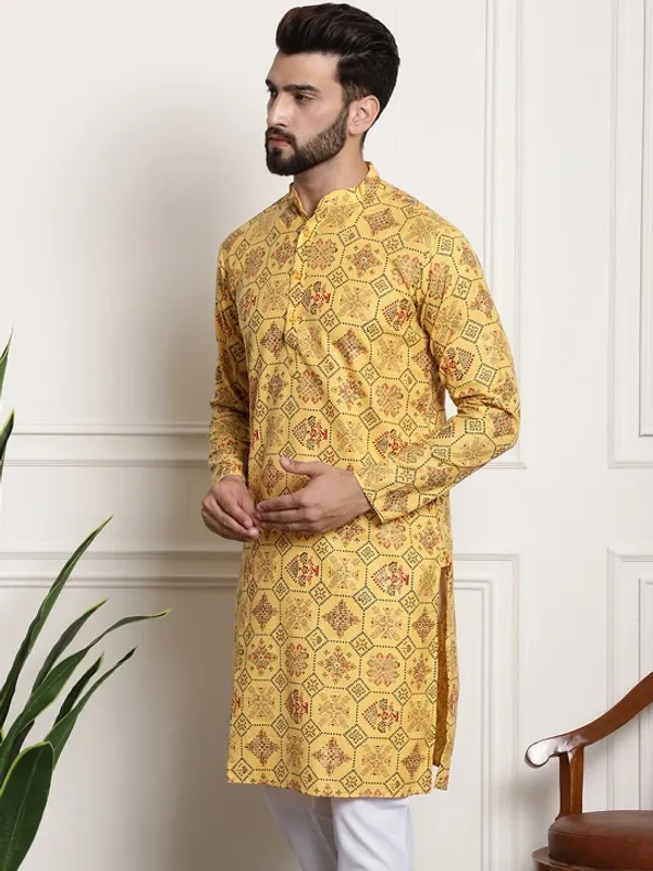 Men's_Yellow_Printed_Cotton_Kurta