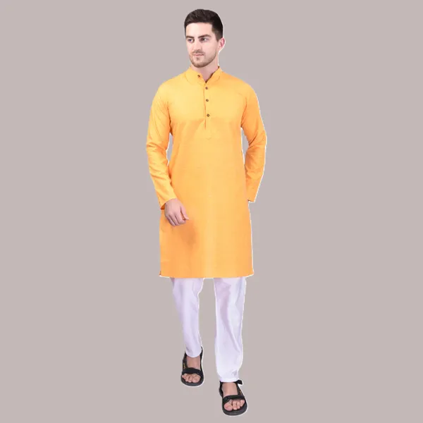 Men's_Yellow_Cotton_Kurta_Pajama_Set_With_Mandarin_Collar