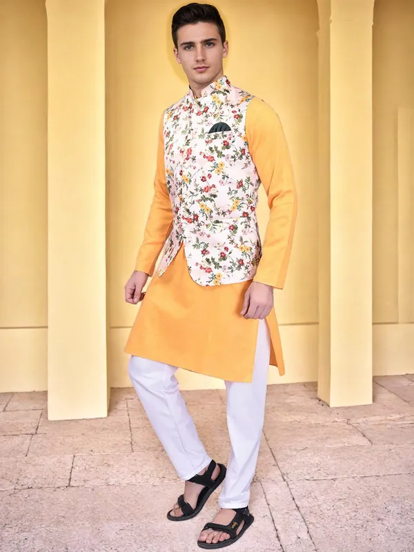 Men's_Floral_Print_Nehru_Jacket_With_Orange_Kurta_Set