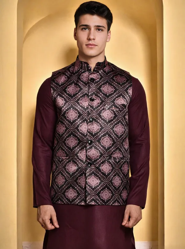 Men's_Maroon_Kurta_With_Printed_Nehru_Jacket_And_White_Pajama_Set