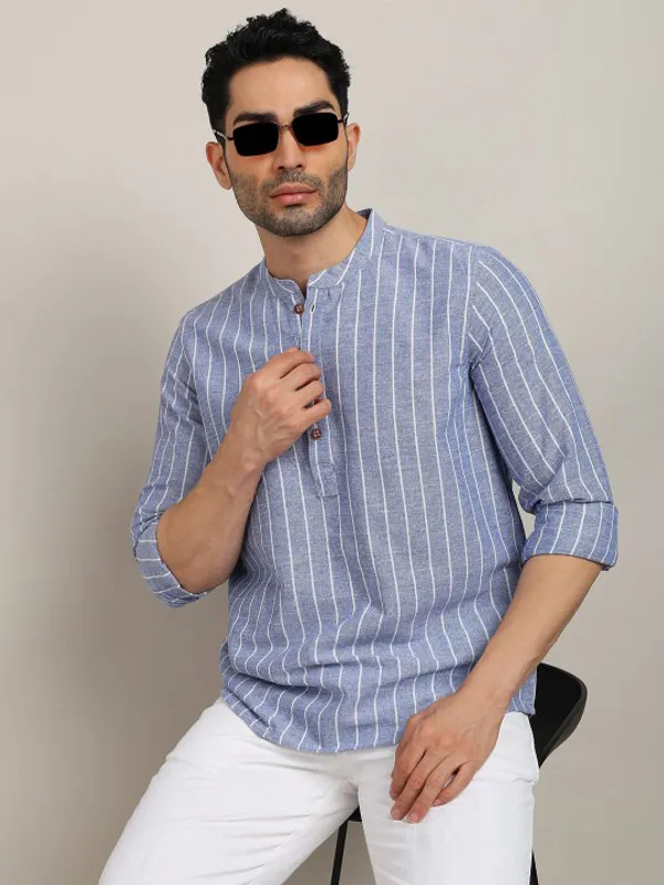 Men's_Blue_Striped_Long_Sleeve_Cotton_Kurta_With_Mandarin_Collar
