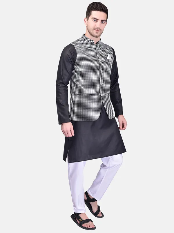 Men's_Black_Kurta_Pajama_With_Checkered_Nehru_Jacket_-_3_Piece_Ethnic_Set