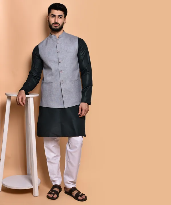 Men's_Grey_Linen_Nehru_Jacket_With_Black_Kurta_Pajama_Set