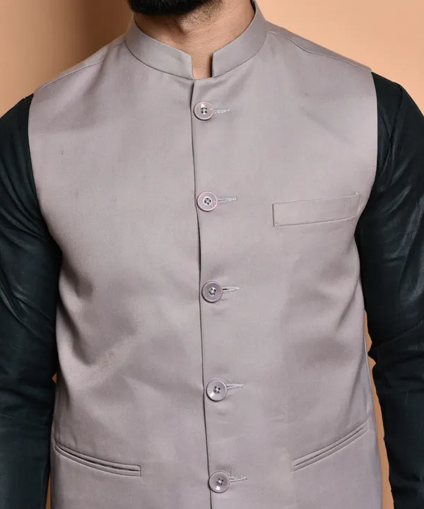 Men's_Grey_Nehru_Jacket_With_Black_Kurta_Pajama_Set_-_Ethnic_Formal_Wear