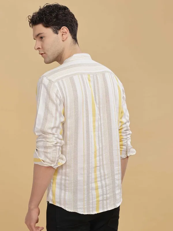 Men's_White_And_Yellow_Striped_Mandarin_Collar_Shirt_With_Button_Placket