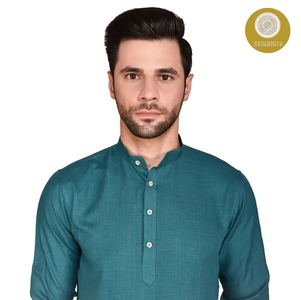 Men's_Teal_Blue_Short_Kurta_With_Mandarin_Collar