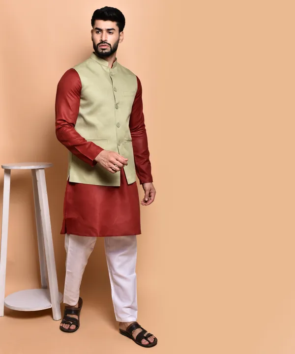Men's_Ethnic_Kurta_Pajama_Set_With_Nehru_Jacket_-_Maroon_And_Beige